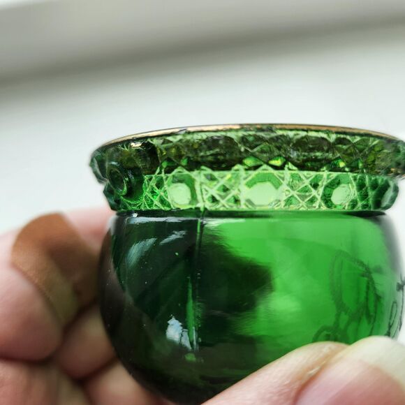 EAPG Cauldron Toothpick Holder Green Glass Colorado Lacy Medallion Set 2 Antique - Picture 5 of 10